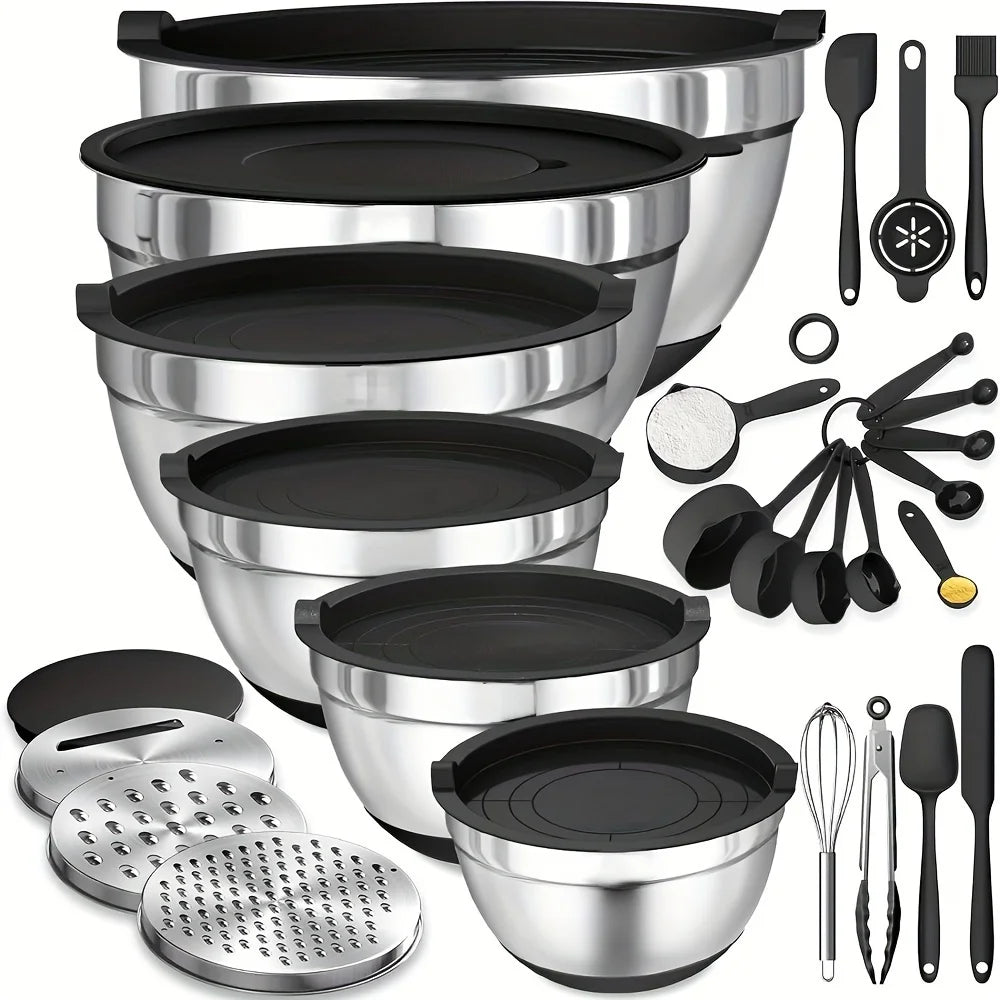 17pcs, Stainless Steel Mixing Bowl Set Mixing Bowls With Lids Grater Attachment, Non-Slip Kitchen Gadget Set